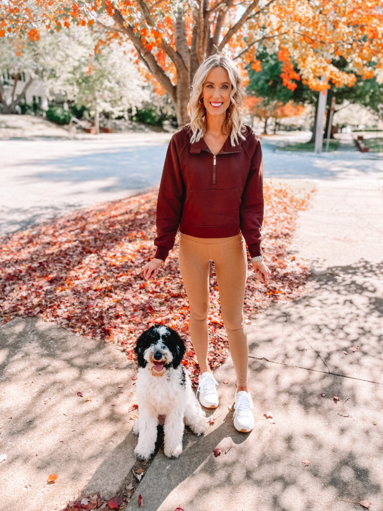 I love this Amazon athleisure outfit idea featuring my favorite Amazon lululemon scuba hoodie dupe and the CRZ Yoga leather leggings in the neutral color!