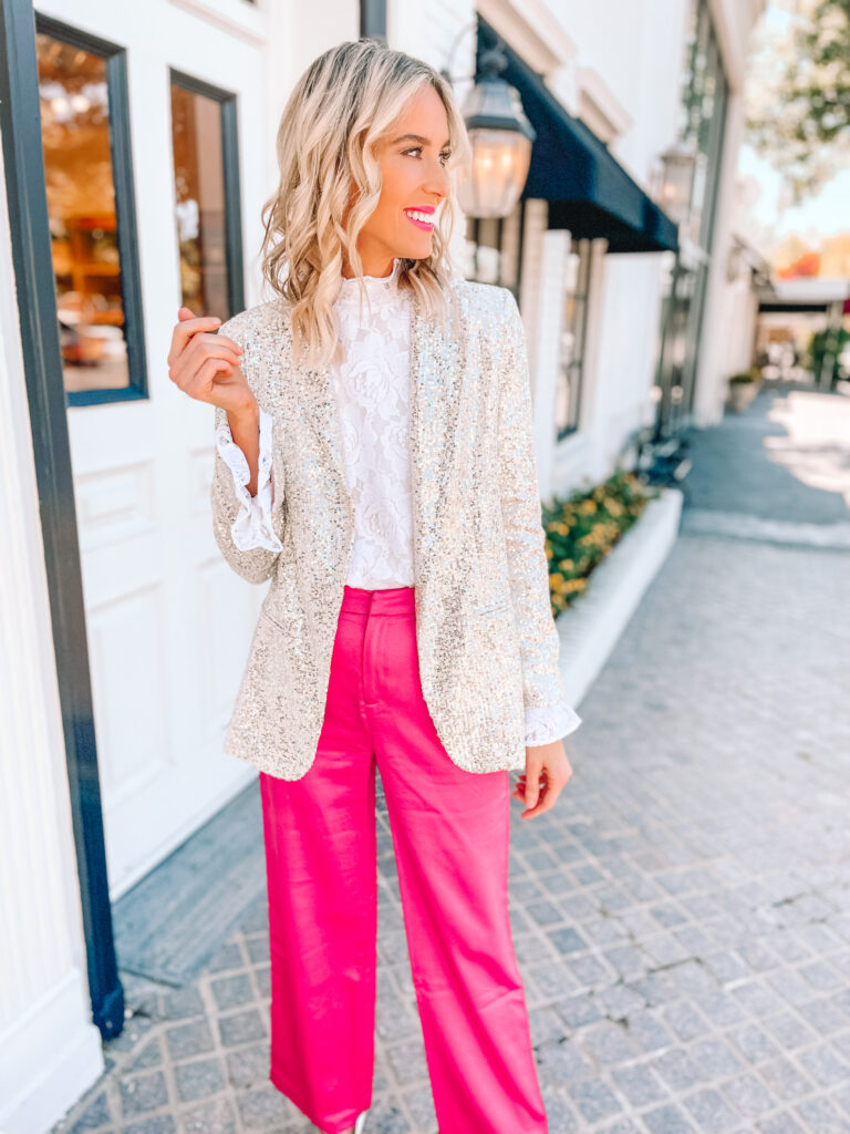 I love this sequin blazer with this gorgeous pink satin pant for a fun yet non-traditional holiday glam outfit idea. 