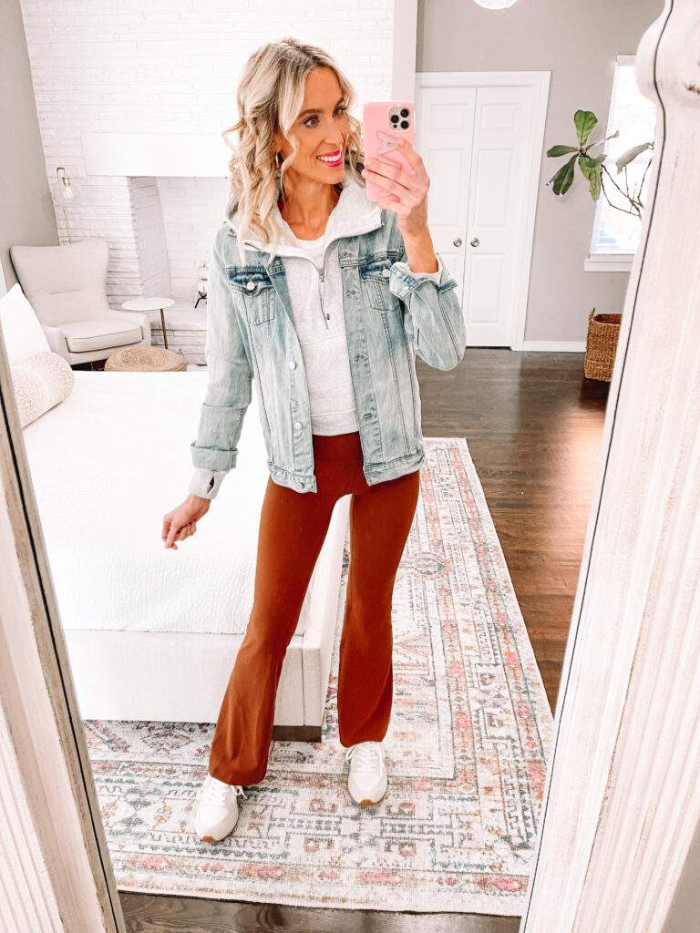 Wondering how to wear flare leggings? I am sharing 6 easy outfit ideas you'll love! Try layering a jean jacket over a sweatshirt. 