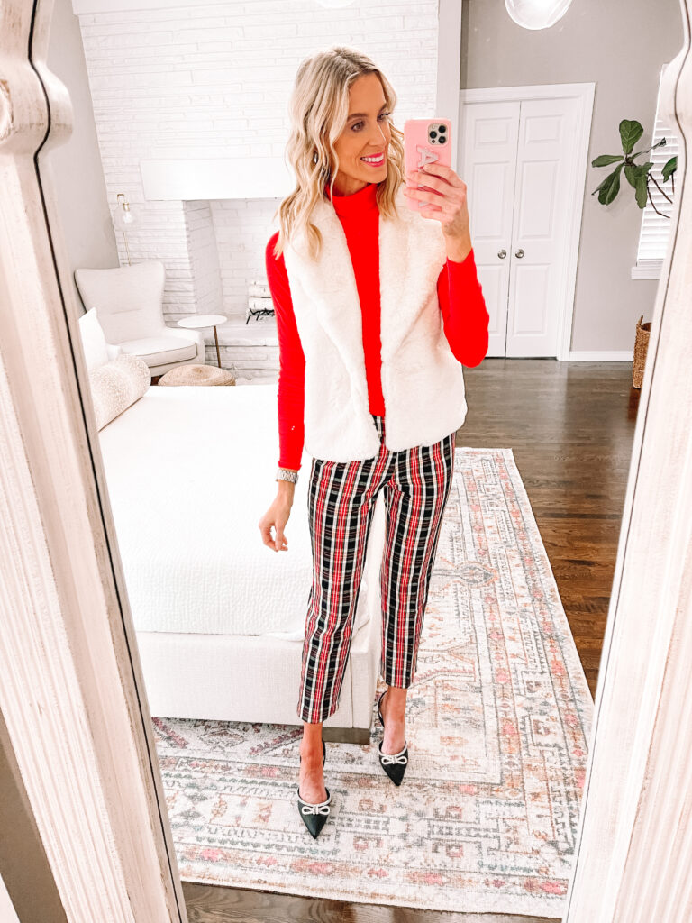 I'm sharing 4 Walmart holiday outfit ideas all super affordable and so festive! These $22 plaid pants are perfect with this $18 red turtleneck and cream faux fur vest.