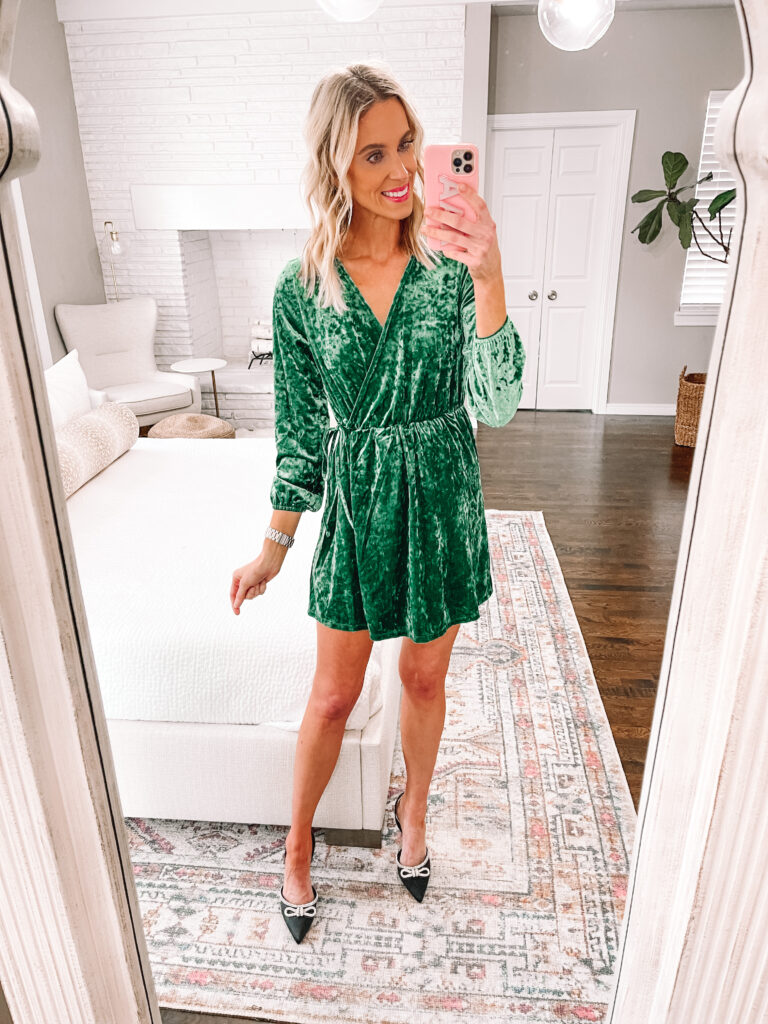 I'm sharing 4 Walmart holiday outfit ideas all super affordable and so festive! This green velvet is so pretty!