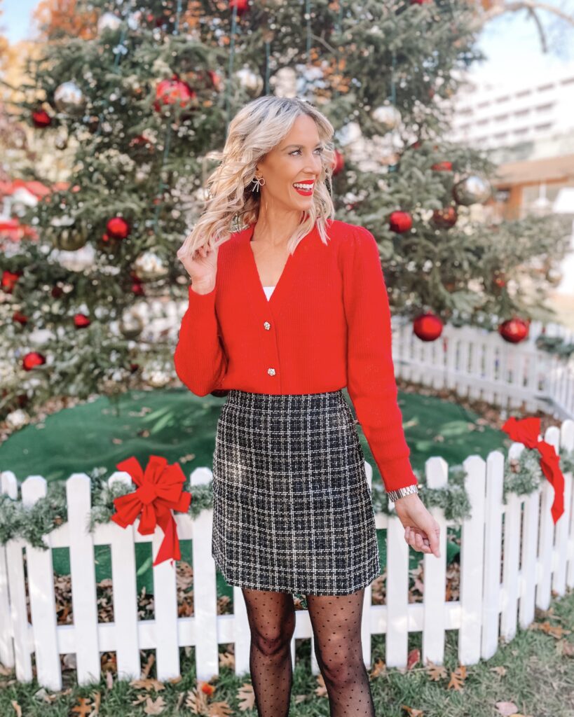 LOVING this dressy Christmas outfit idea! This tweed skirt is a classic you can wear from year to year and looks great with the red cardigan!
