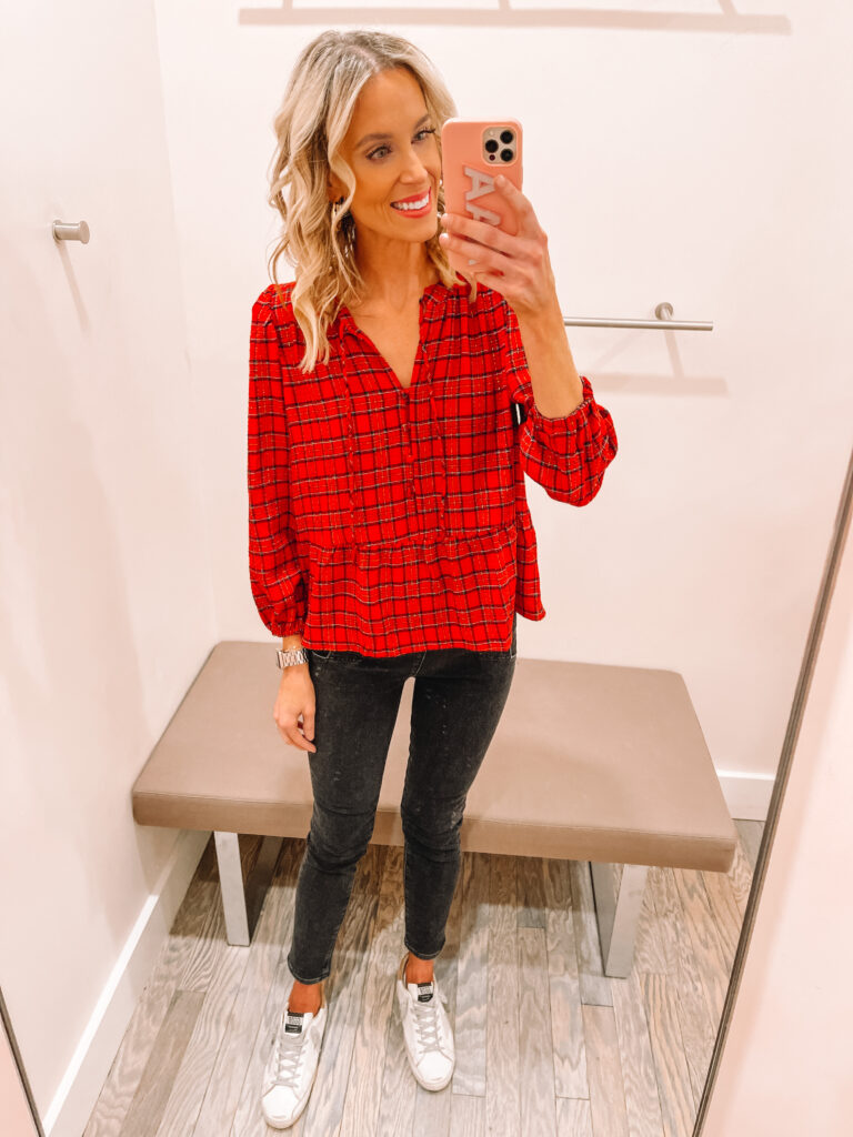 How cute is this red plaid peplum top!? It's part of my huge winter LOFT try on haul!