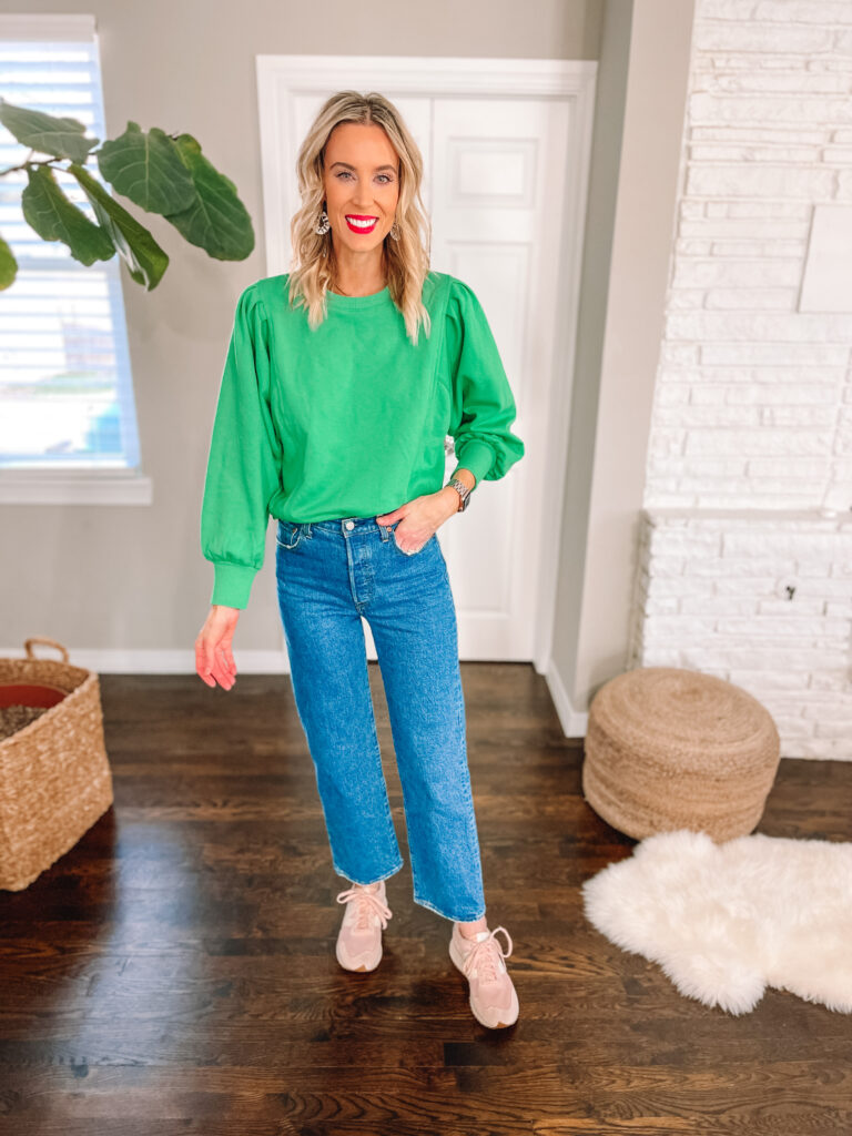 I'm sharing a Target try on haul with great, affordable, everyday basics you can wear so many ways! How cute is this green sweatshirt?!