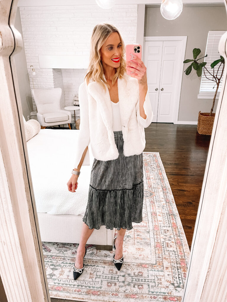 Sharing a HUGE Winter Walmart try on with affordable holiday outfit ideas from dressy to casual! I've got travel outfits, shopping outfits, and more! You'll love this metallic skirt and white bodysuit.