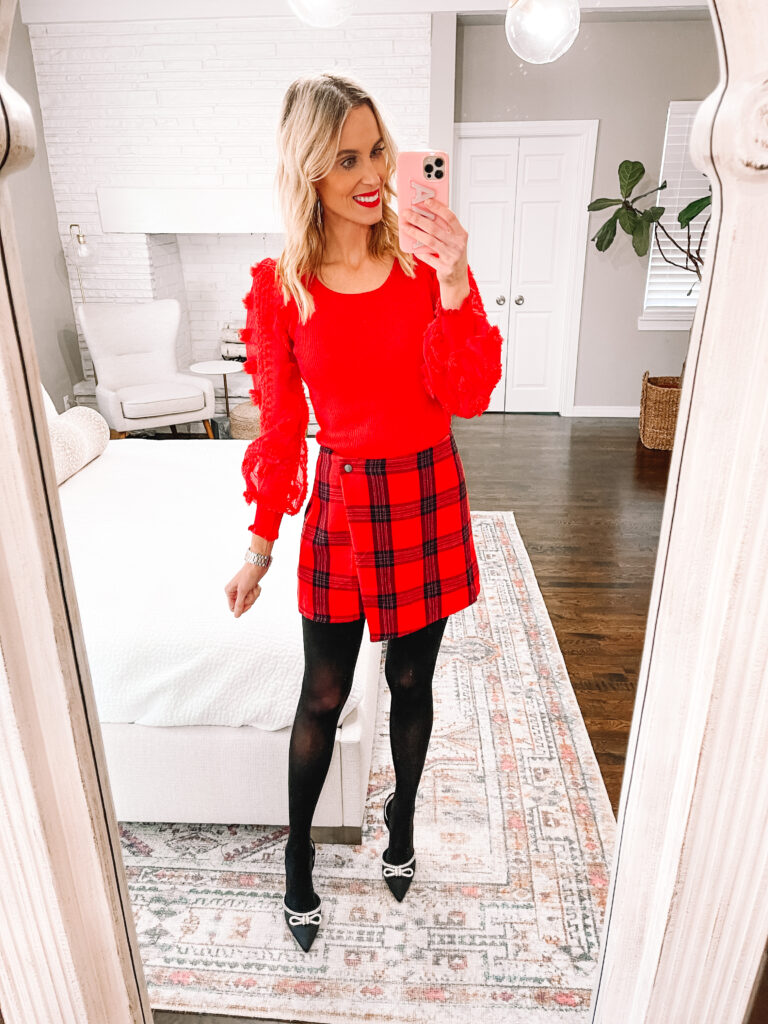 You will love this $18 red blouse with my $15 plaid mini skirt!