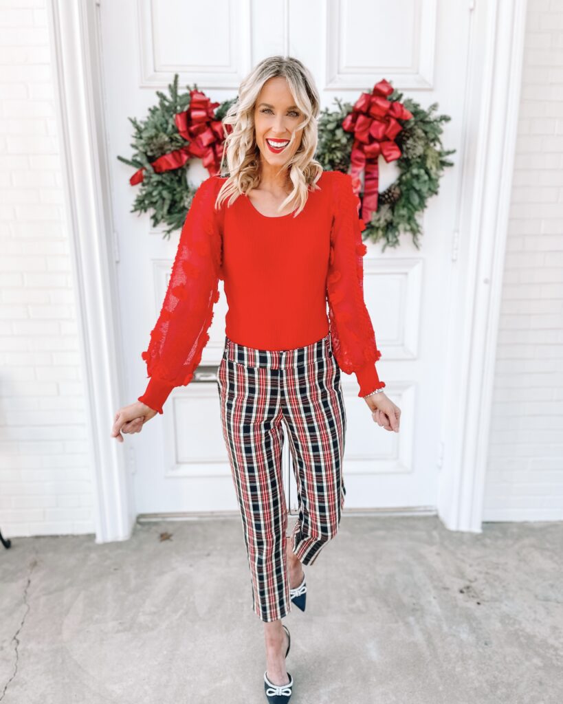 Sharing a HUGE Winter Walmart try on with affordable holiday outfit ideas from dressy to casual! I've got travel outfits, shopping outfits, and more! I'm OBSESSED with this red blouse and plaid pant outfit for the holidays!!!