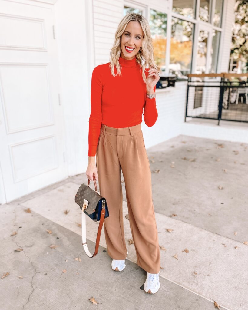 I'm sharing all about how to wear Abercrombie wide leg pants! I love this tan pair with a simple red turtleneck for a standout combo! 