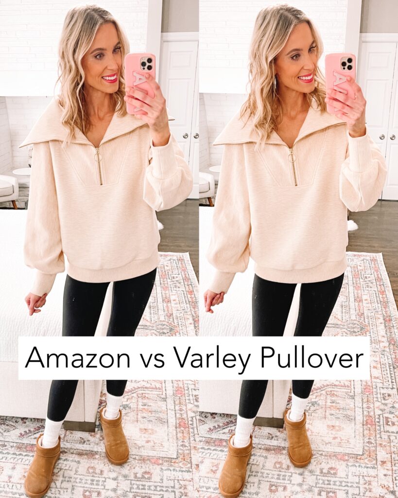 Love the Varley Vines look but not the price? This post is for you! Today I am sharing an amazing Amazon Varley Vines pullover dupe. One is $158 and one is $38. Can you tell which is which?