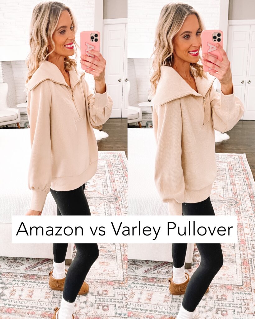 Love the Varley Vines look but not the price? This post is for you! Today I am sharing an amazing Amazon Varley Vines pullover dupe. One is $158 and one is $38. Can you tell which is which?