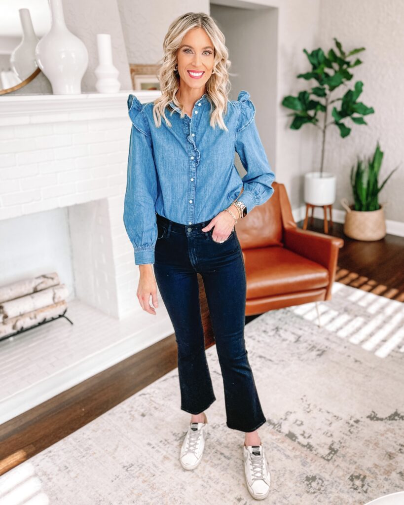 I'm sharing a really fun H&M try on haul. This chambray shirt is a classic with a twist thanks to the really fun ruffles. 