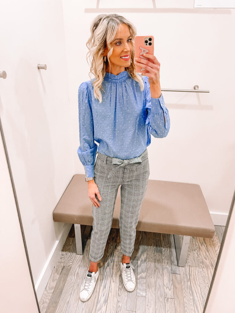Huge LOFT spring try on haul with work outfits, dresses, blouses that you can wear for work and weekend, and more! You'll love these plaid work pants with this blue blouse.