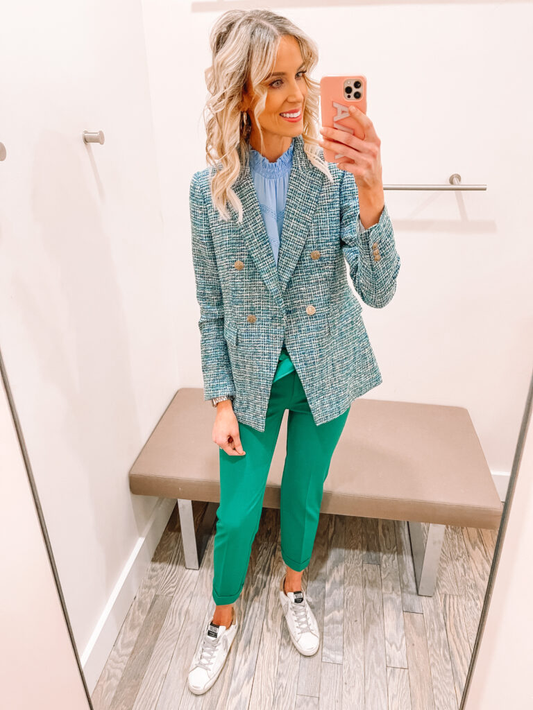 Huge LOFT spring try on haul with work outfits, dresses, blouses that you can wear for work and weekend, and more! I love these green work pants with this tweed blazer. 