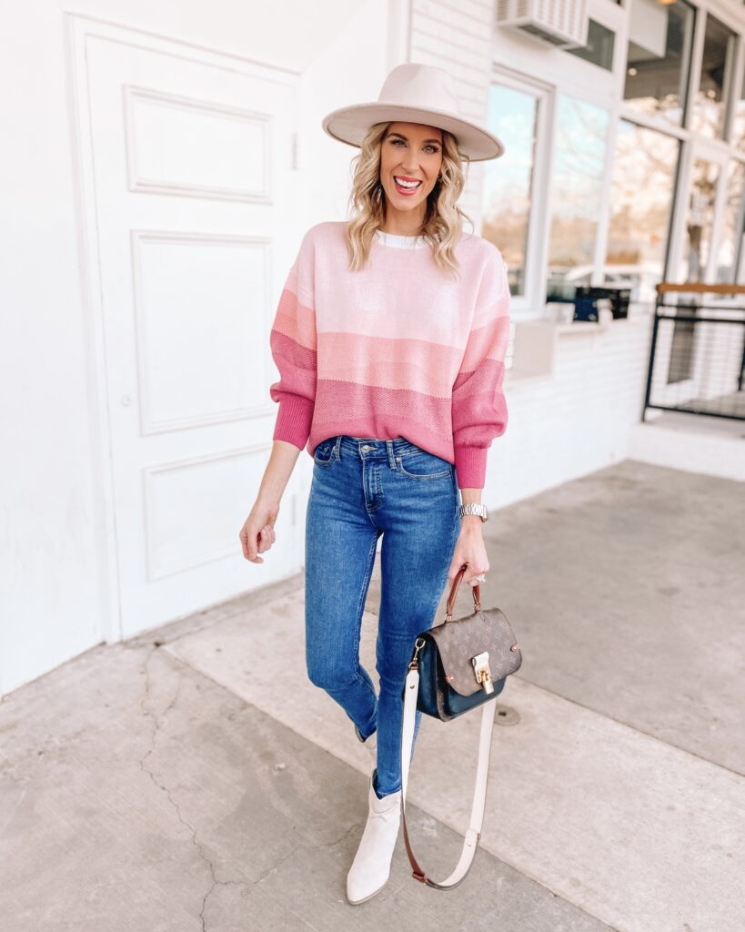 Sharing a big Walmart sweater try on haul with 6 sweaters all $23 and under! You don't want to miss this cute ombre pink one! Perfect with jeans and booties. 