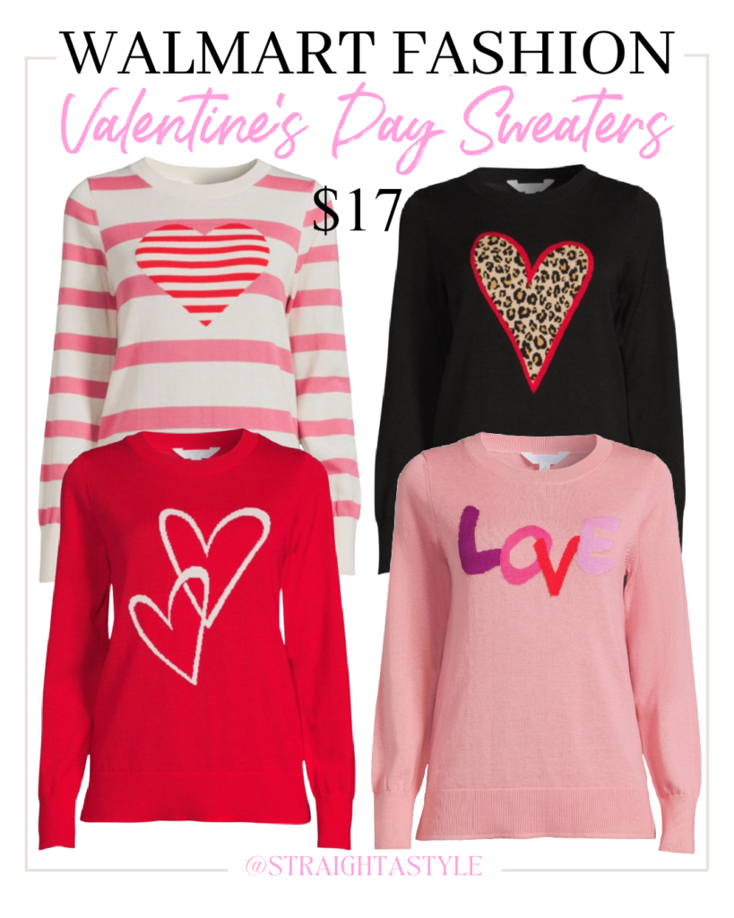 I am loving these $17 Walmart Valentine's Day sweaters. These heart sweaters come in 4 different colors and patters. 