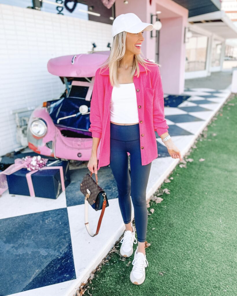 These best of Amazon sweatshirts and pullovers will be your go-to pairings for leggings! Easy tops that go with your favorite leggings like this pink waffle knit top. Just add a hat and go!