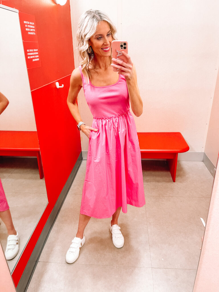 I am sharing a Target dress try on and sharing 5 fun dresses for spring and summer all $38 and under. You'll love this pink midi dress. 