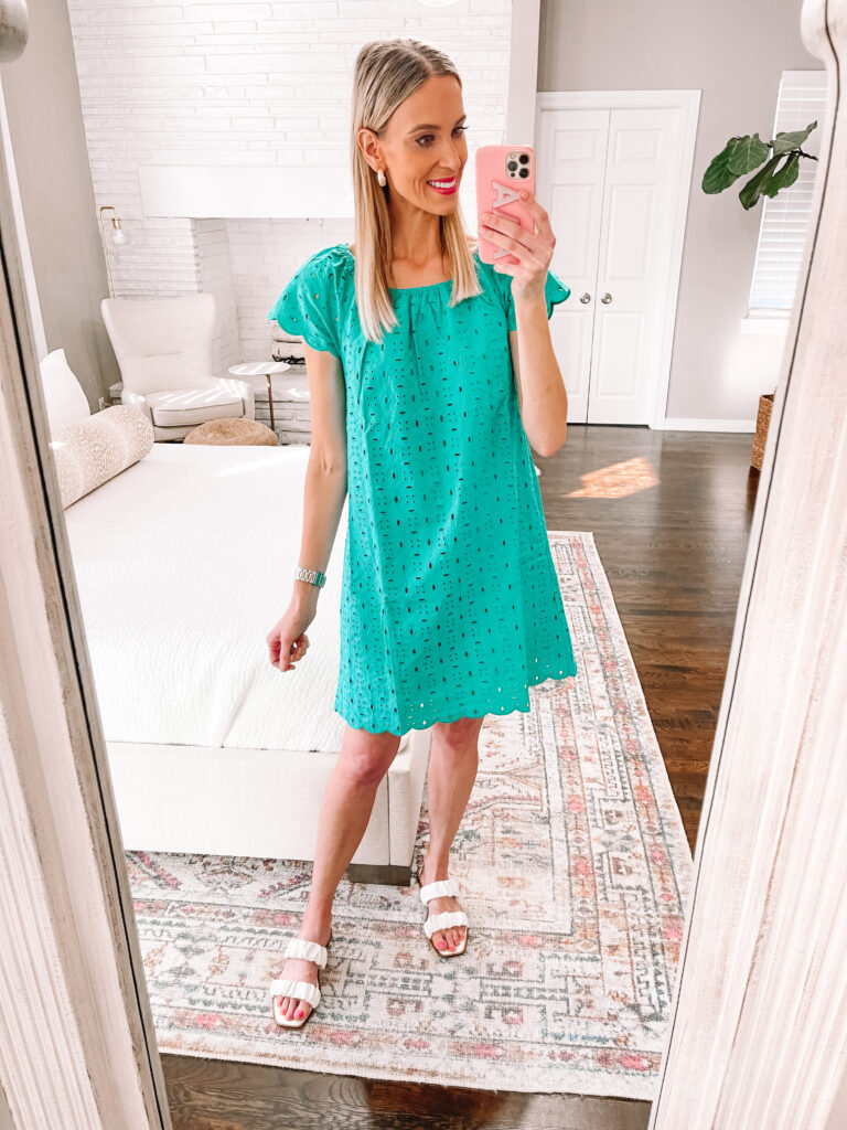 I am so excited to share a really fun Spring Walmart dress try on! I have SIX dresses here that are all perfect vacation dresses, spring dresses, or summer dresses and $30 or under. This teal eyelet shift dress is gorgeous!