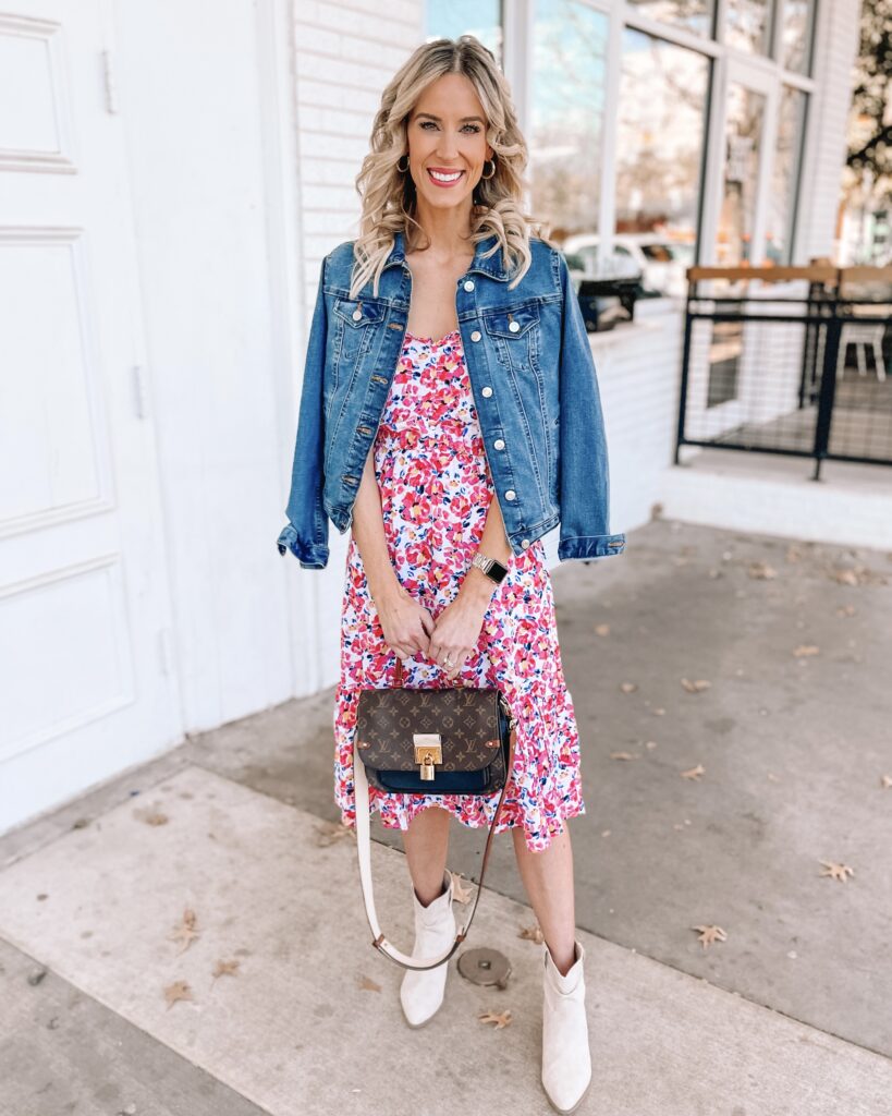 Midi dresses super versatile and wearable! I'm putting it to the test today by sharing this $26 midi dress styled 6 ways. This gorgeous floral dress is perfect with a jean jacket and boots for spring!