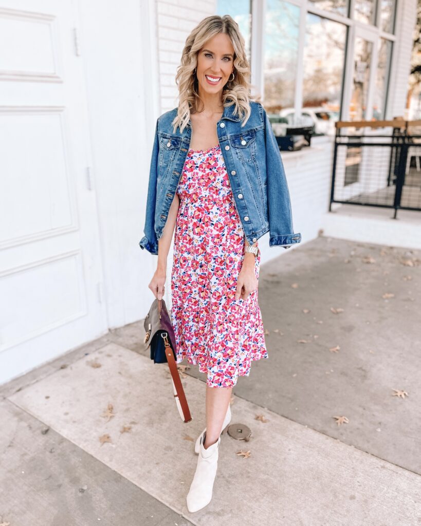 Midi dresses super versatile and wearable! I'm putting it to the test today by sharing this $26 midi dress styled 6 ways. This gorgeous floral dress is perfect with a jean jacket and boots for spring!