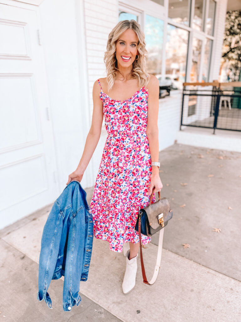 I am so excited to share a really fun Spring Walmart dress try on! I have SIX dresses here that are all perfect vacation dresses, spring dresses, or summer dresses and $30 or under. I love this floral midi dress to wear now with boots and a jacket or later with sandals. 