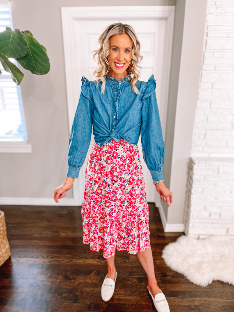 Midi dresses super versatile and wearable! I'm putting it to the test today by sharing this $26 midi dress styled 6 ways. This gorgeous floral dress looks so cute with a chambray shirt tied over it. 