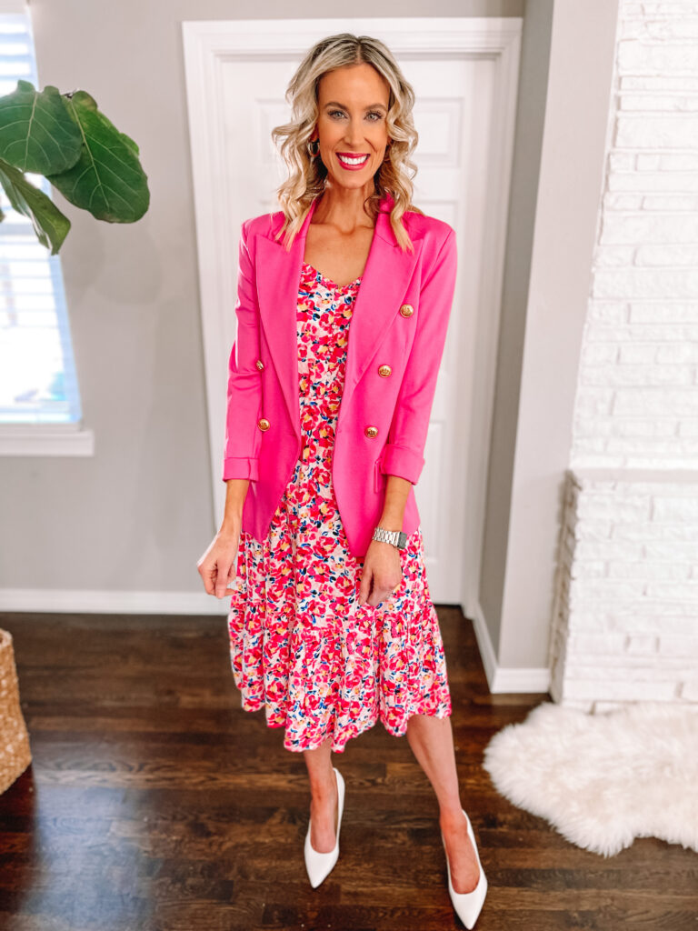 Midi dresses super versatile and wearable! I'm putting it to the test today by sharing this $26 midi dress styled 6 ways. This gorgeous floral dress is perfect with a blazer and heels for work. 