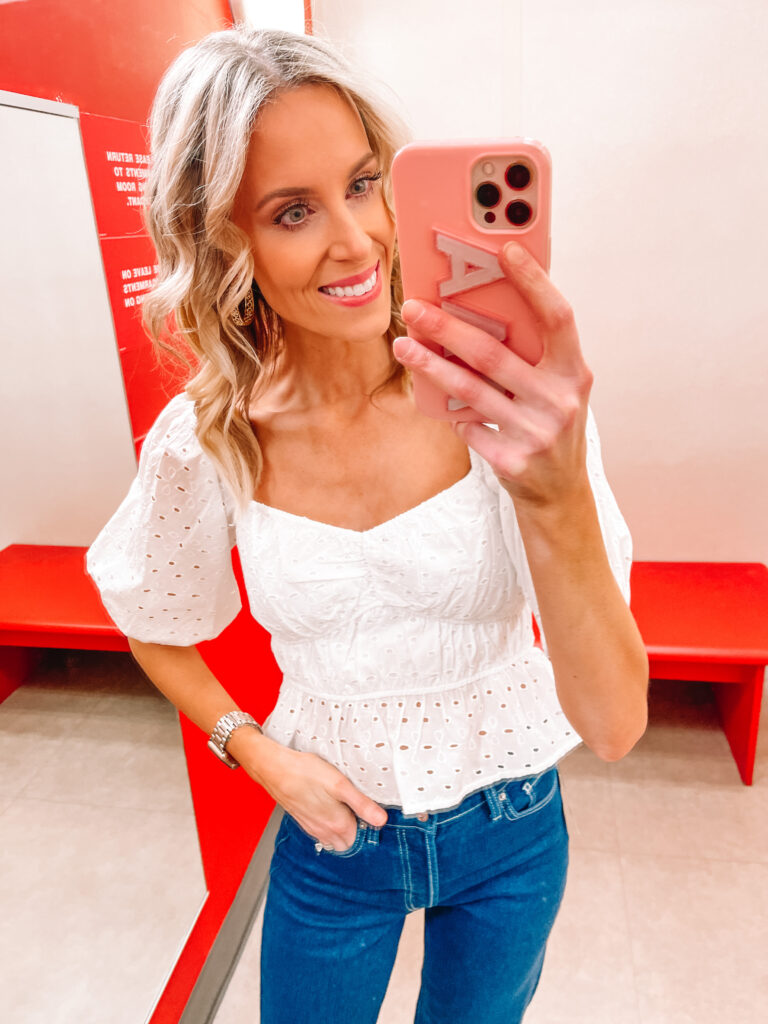 I'm back today with another really fun spring Target try on with pieces for spring featuring everything from work to weekend, vacation and casual at home looks! You will love this white eyelet blouse. 