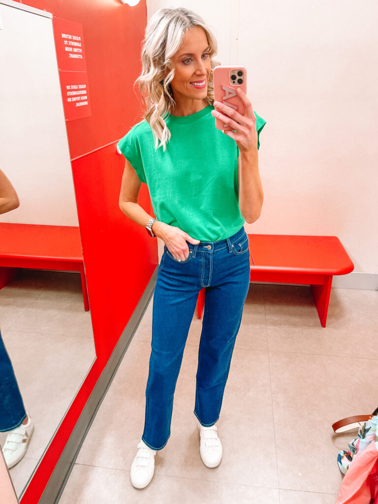 I'm back today with another really fun spring Target try on with pieces for spring featuring everything from work to weekend, vacation and casual at home looks! This pair of slim straight jeans is so adorable with this green shirt. 