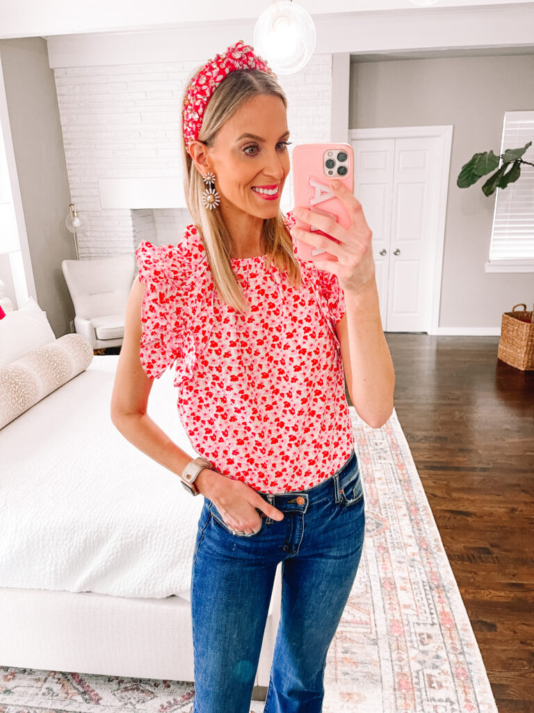 Sharing a pretty Avara try on haul with some gorgeous spring blouses and dresses perfect for Easter! You'll love this gorgeous ruffle sleeve top with pink and red flowers!