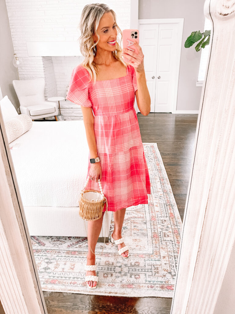 Today I am sharing a fun Walmart dress try on with three fun dresses perfect for spring or summer! This adorable coral pink gingham midi dress is perfect for spring and summer.