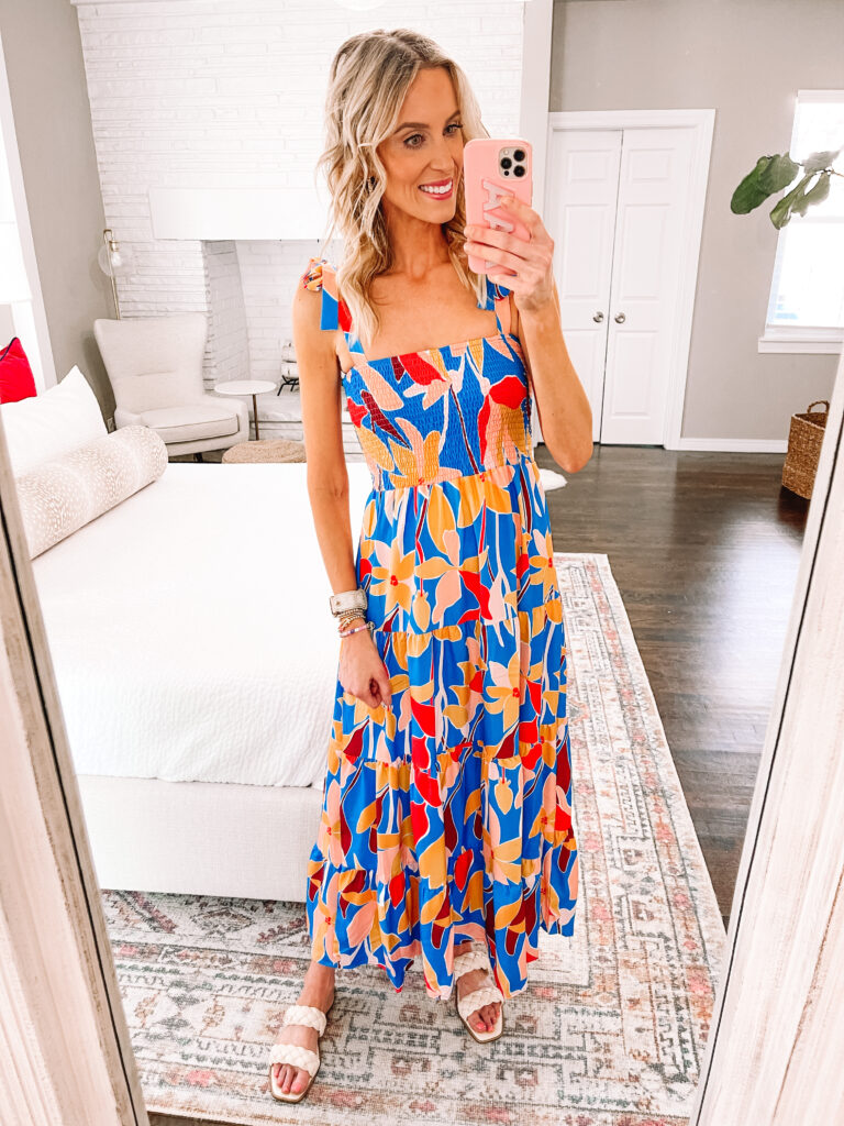 Rounding up three of my favorite Amazon tie shoulder maxi dresses all perfect for summer! You will love the style of these! You will LOVE this bold blue floral print. 