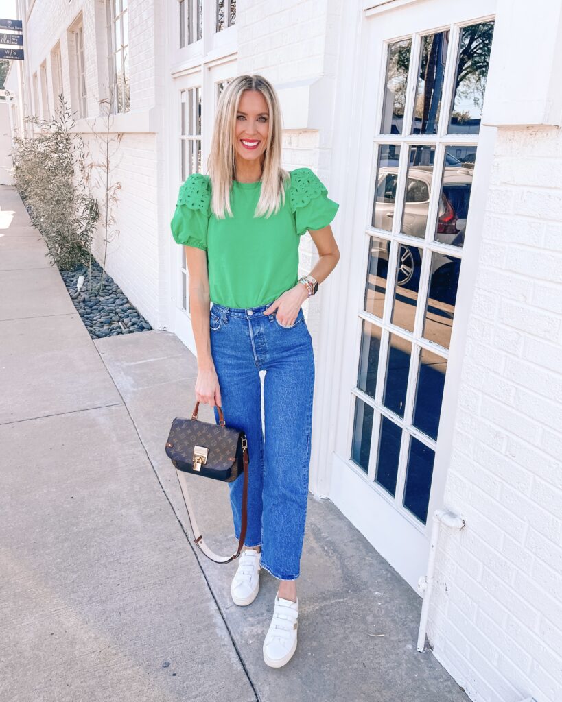 I'm sharing my green top 3 ways to give you some outfit inspiration. From white to pink to regular denim, a green top can be super versatile!