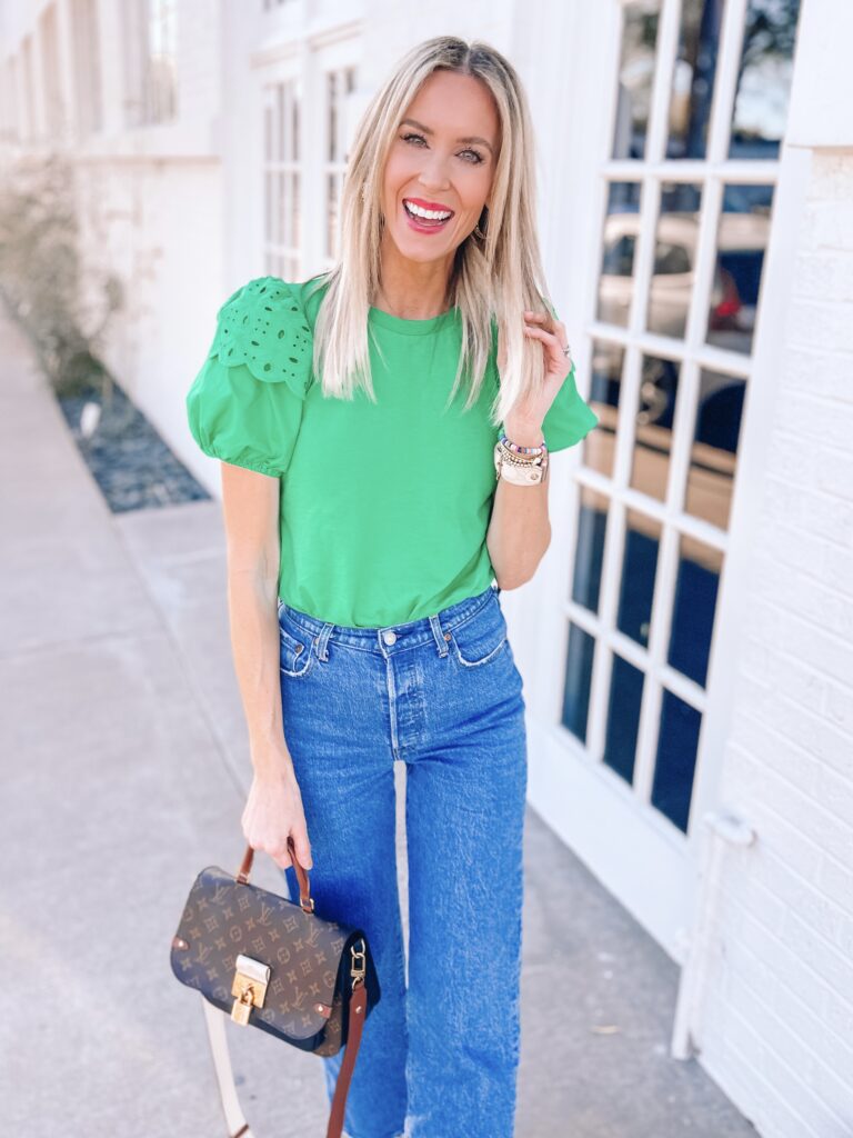 I'm sharing my green top 3 ways to give you some outfit inspiration. From white to pink to regular denim, a green top can be super versatile! And this one is just $20!