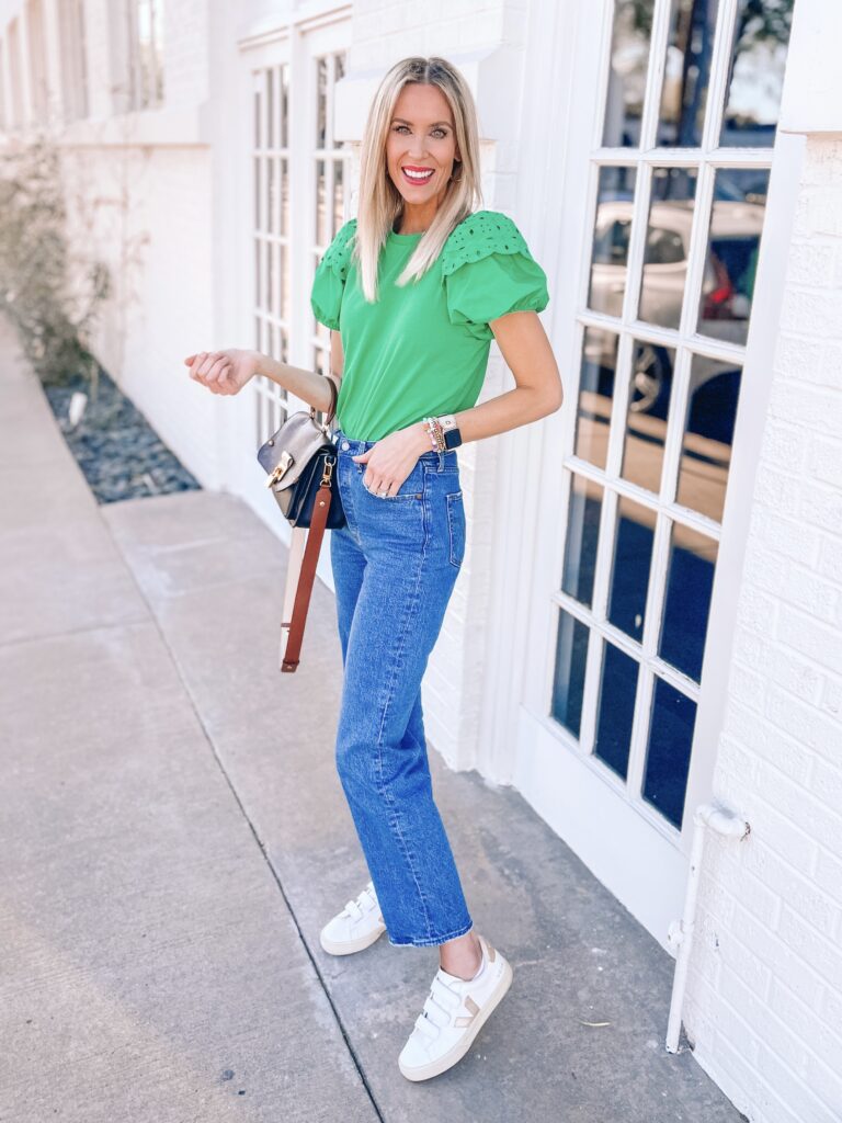 I'm sharing my green top 3 ways to give you some outfit inspiration. From white to pink to regular denim, a green top can be super versatile! I love it with these straight leg jeans. 