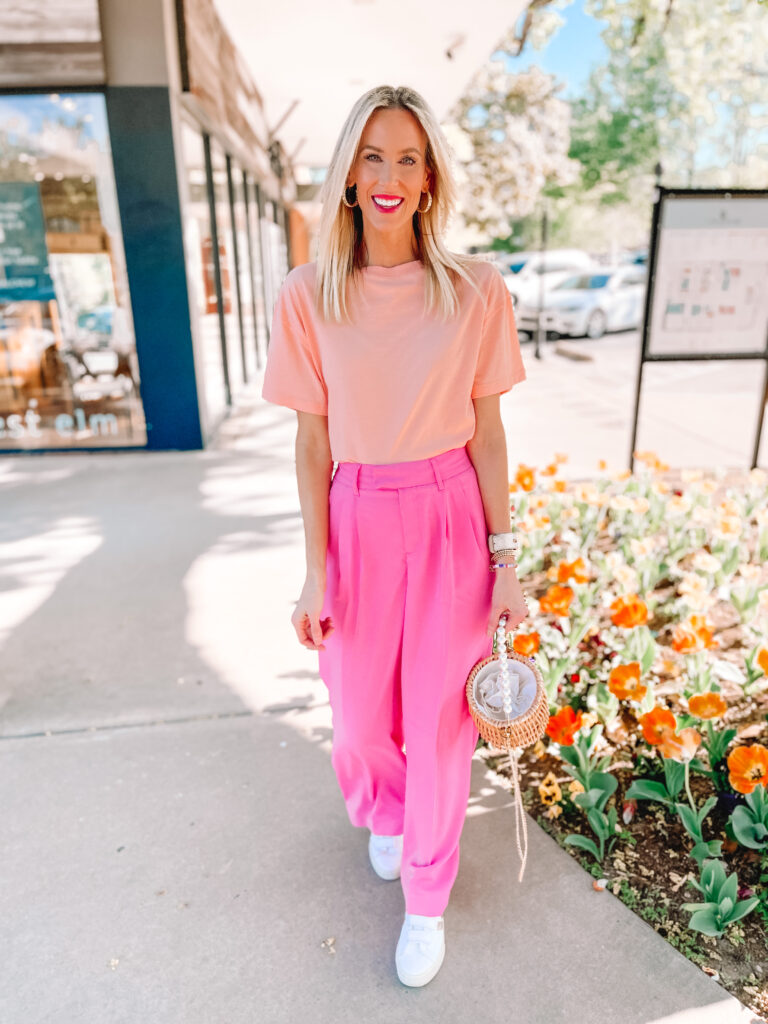 These pink wide leg pants are a really fun way to try out the trend! They are a light satin fabric perfect for spring and summer. 