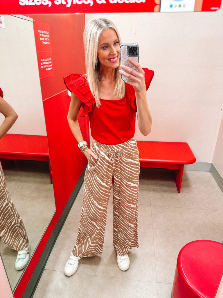 Sharing a HUGE target try on haul with nothing over $32. You are going to LOVE these spring pieces like these super fun pull on pants in the zebra print.
