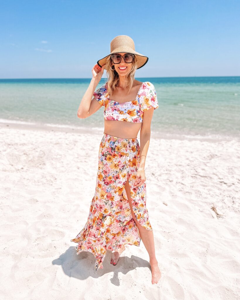 You will love this gorgeous matching bikini and coverup for any tropical vacation! The coverup is a floral maxi skirt. 