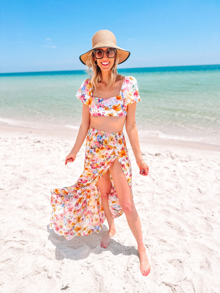 You will love this gorgeous matching bikini and coverup for any tropical vacation! The coverup is a floral maxi skirt. 