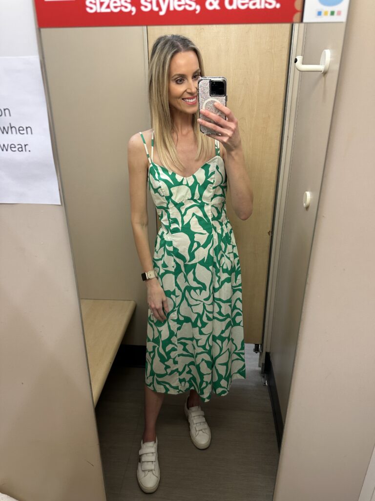 Y'all Target is amazing this season!! I have another really fun Target dress try on for you today. This is the cutest green and cream midi dress. 