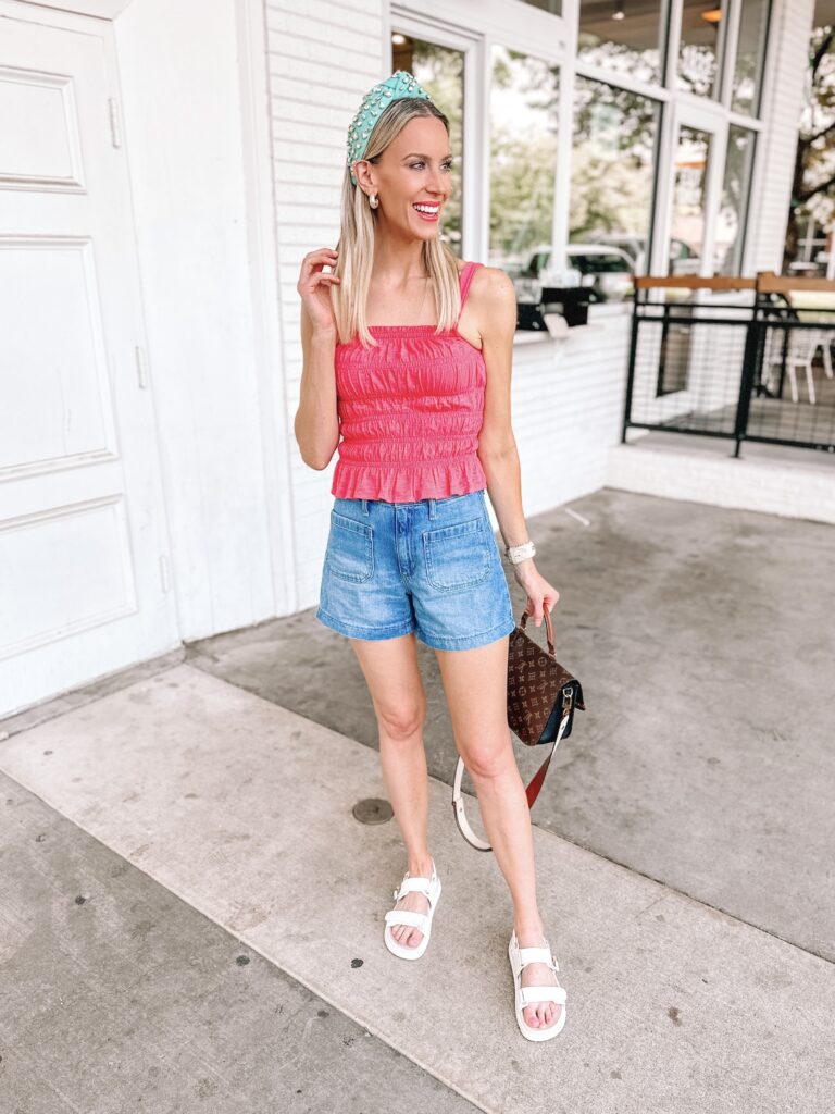 This is the cutest Target summer outfit idea with $24 pocket front denim shorts and a smocked tank top!