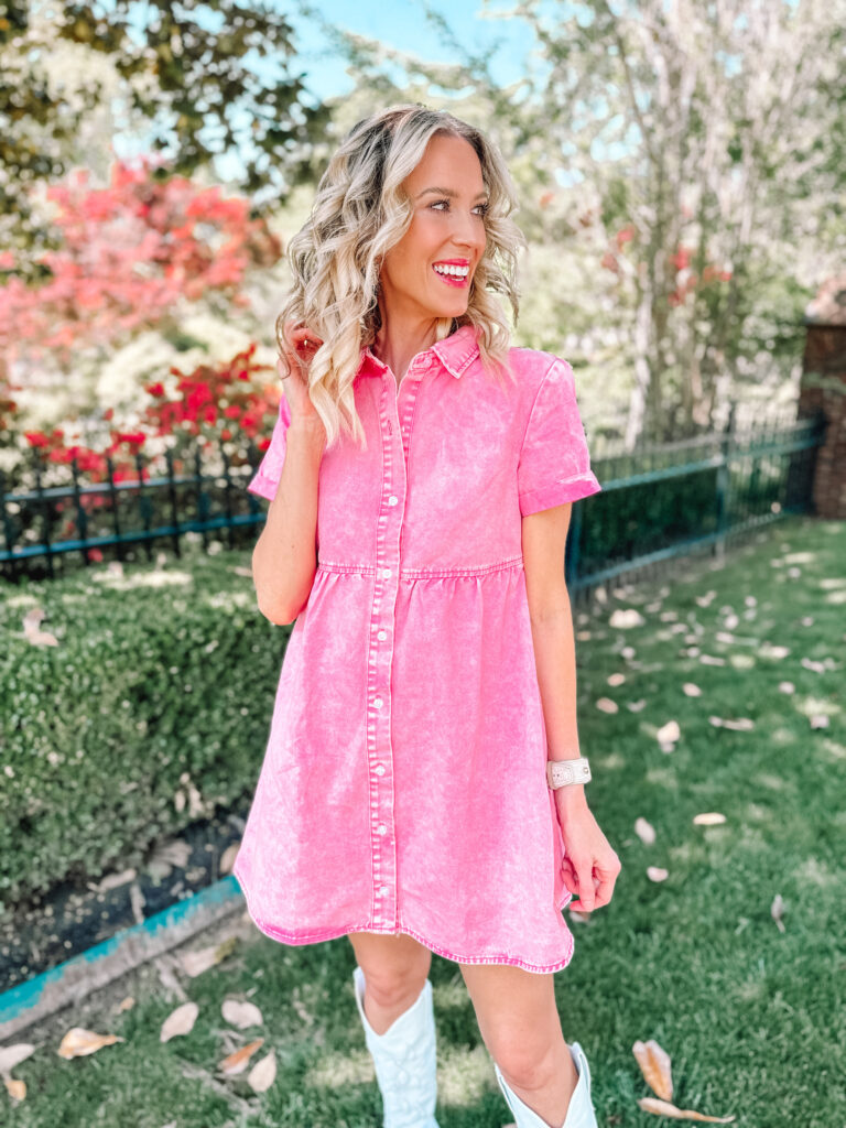 You are going to love this Amazon denim dress! I have it in this pink denim version and the regular version and love them both so much!