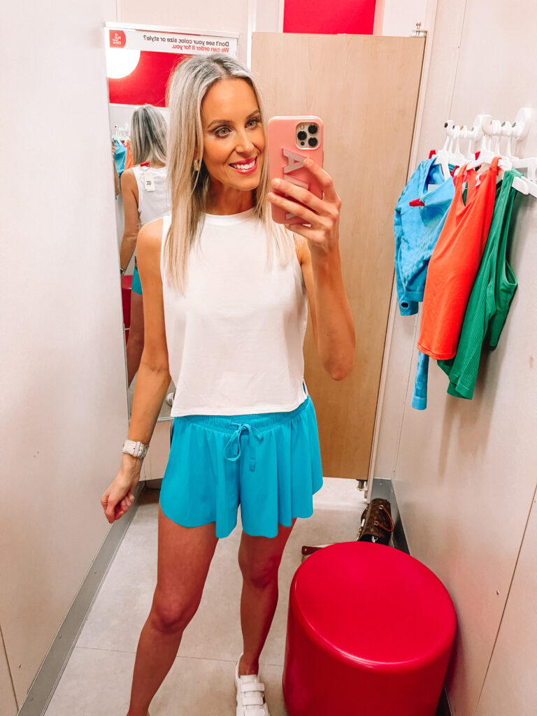I'm excited to share a Target athleisure try on today! They offer high quality pieces for a fraction of the cost of name brands. These flowy aqua shorts are so fun!