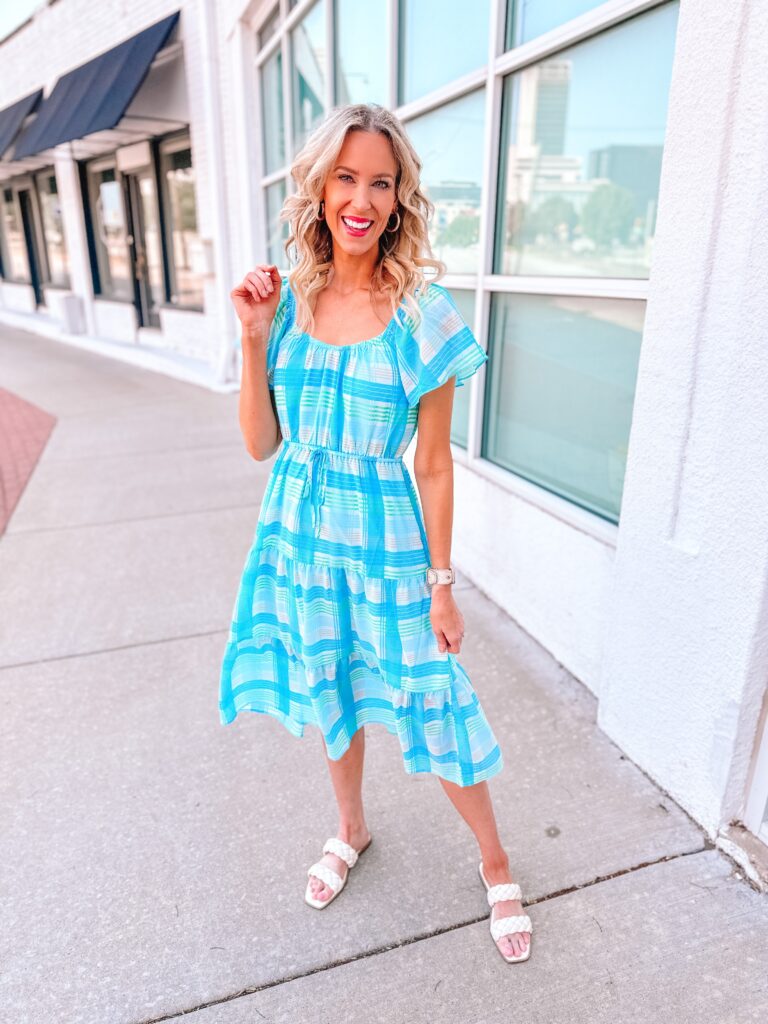 This plaid midi dress is light, flowy, and so gorgeous! You'll love this bright blue and teal color combo too!