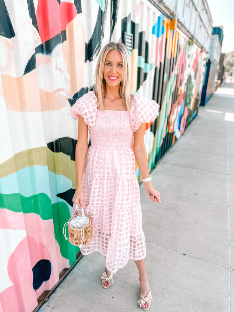 I'm sharing three Amazon event dresses all under $50 perfect as wedding guest dresses or anything else! You will love the gorgeous overlay on this light pink puff sleeve dress. 