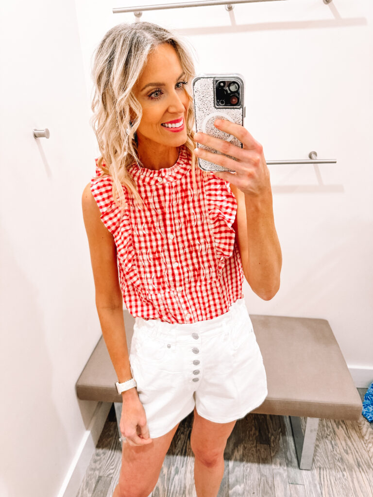 Sharing a great LOFT try on haul with 14 different outfit ideas! You'll love these work to weekend colorful outfit ideas! This red plaid top is perfect with these white shorts. 