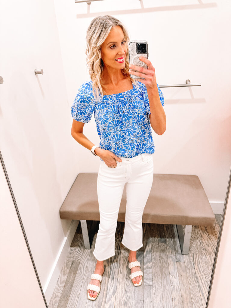 Sharing a great LOFT try on haul with 14 different outfit ideas! You'll love these work to weekend colorful outfit ideas! I love these white crop flare jeans with a blue top. 
