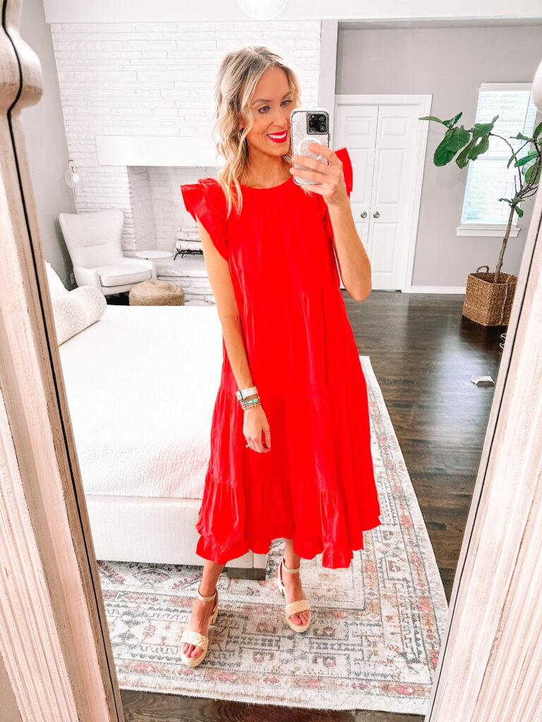 I'm sharing the cutest Red Dress sale try on haul with nothing over $41!! You are going to love these summer dresses! How gorgeous is this flowy red midi dress?!