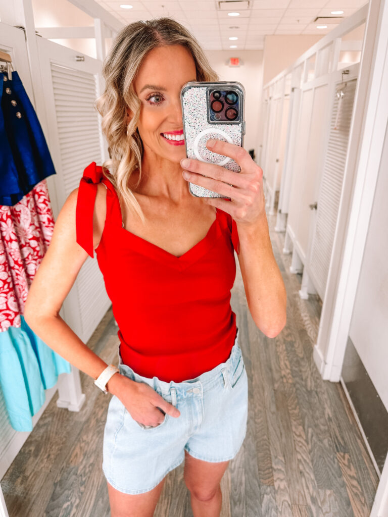 Sharing a great LOFT try on haul with 14 different outfit ideas! You'll love these work to weekend colorful outfit ideas! I am obsessed with this tie shoulder red tank top!