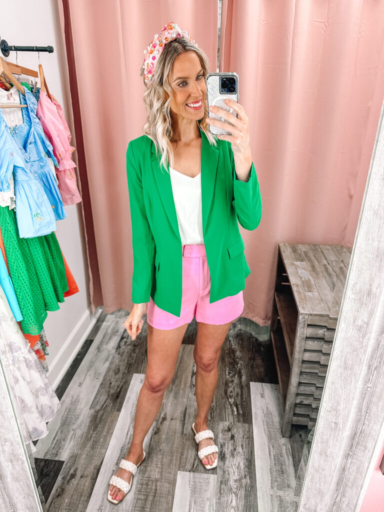 I'm excited to share a really fun Pink Creek try on haul with you today! Fun, colorful, and unique items all in the $40-$100 price range. You will blue this green blazer and pink short suit set!